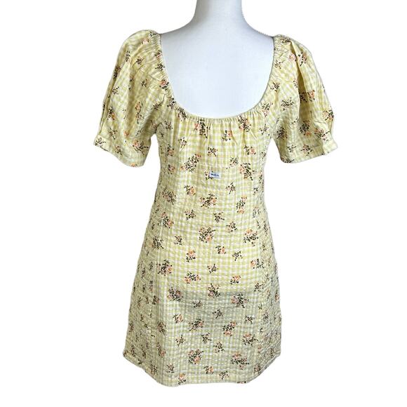 RVCA Dress Gretel Golden Floral Yellow Keyhole Tie Smocked Sides Cotton Mini - Picture 3 of 12